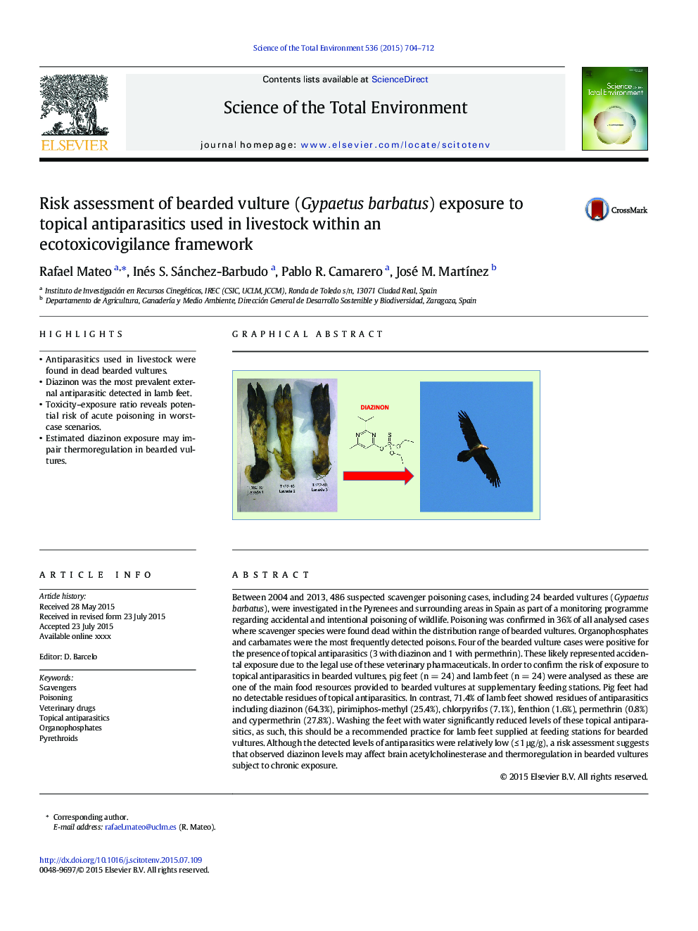 Risk assessment of bearded vulture (Gypaetus barbatus) exposure to topical antiparasitics used in livestock within an ecotoxicovigilance framework