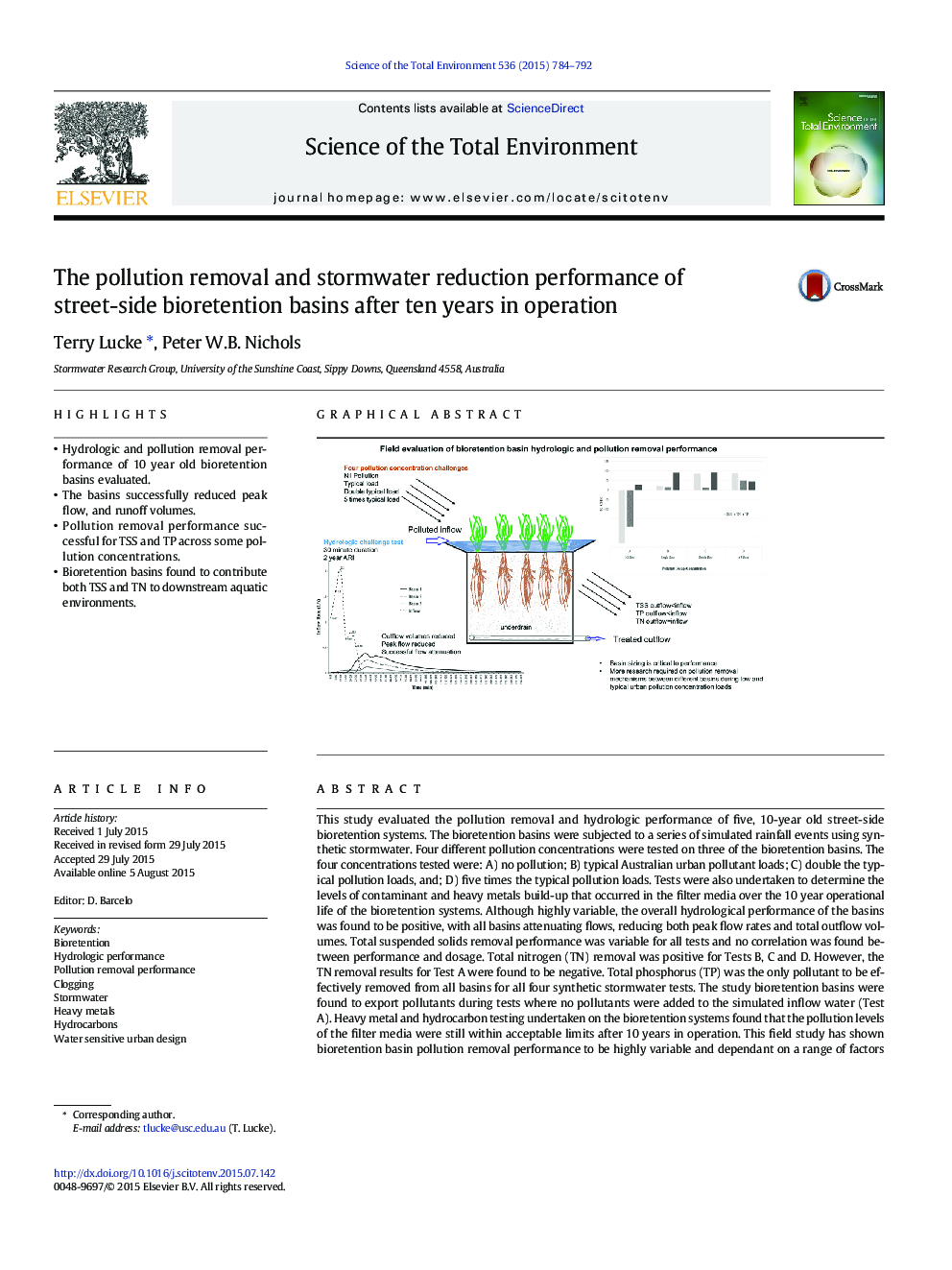 The pollution removal and stormwater reduction performance of street-side bioretention basins after ten years in operation