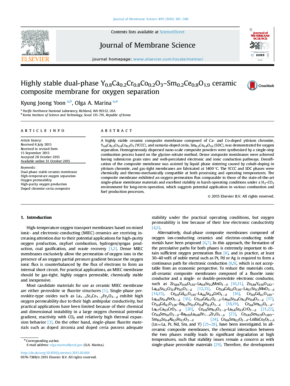 Highly stable dual-phase Y0.8Ca0.2Cr0.8Co0.2O3–Sm0.2Ce0.8O1.9 ceramic composite membrane for oxygen separation