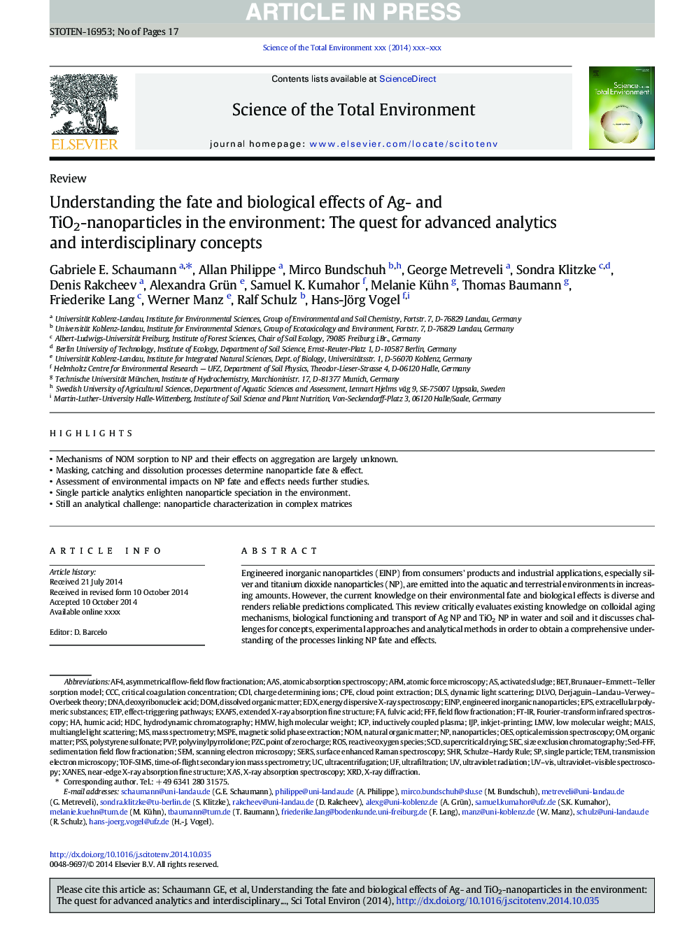 Understanding the fate and biological effects of Ag- and TiO2-nanoparticles in the environment: The quest for advanced analytics and interdisciplinary concepts