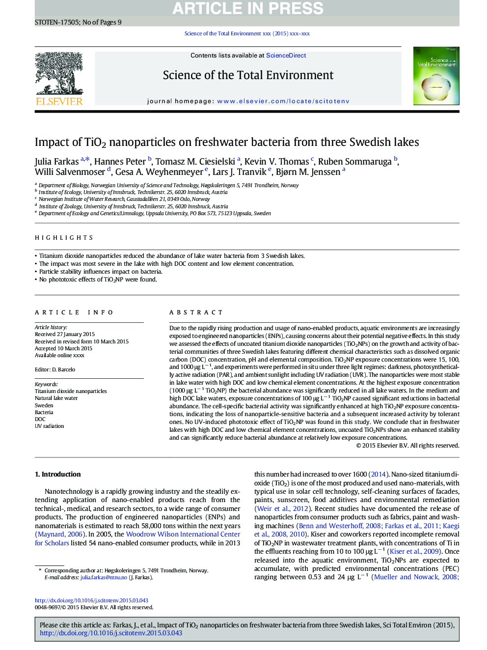 Impact of TiO2 nanoparticles on freshwater bacteria from three Swedish lakes