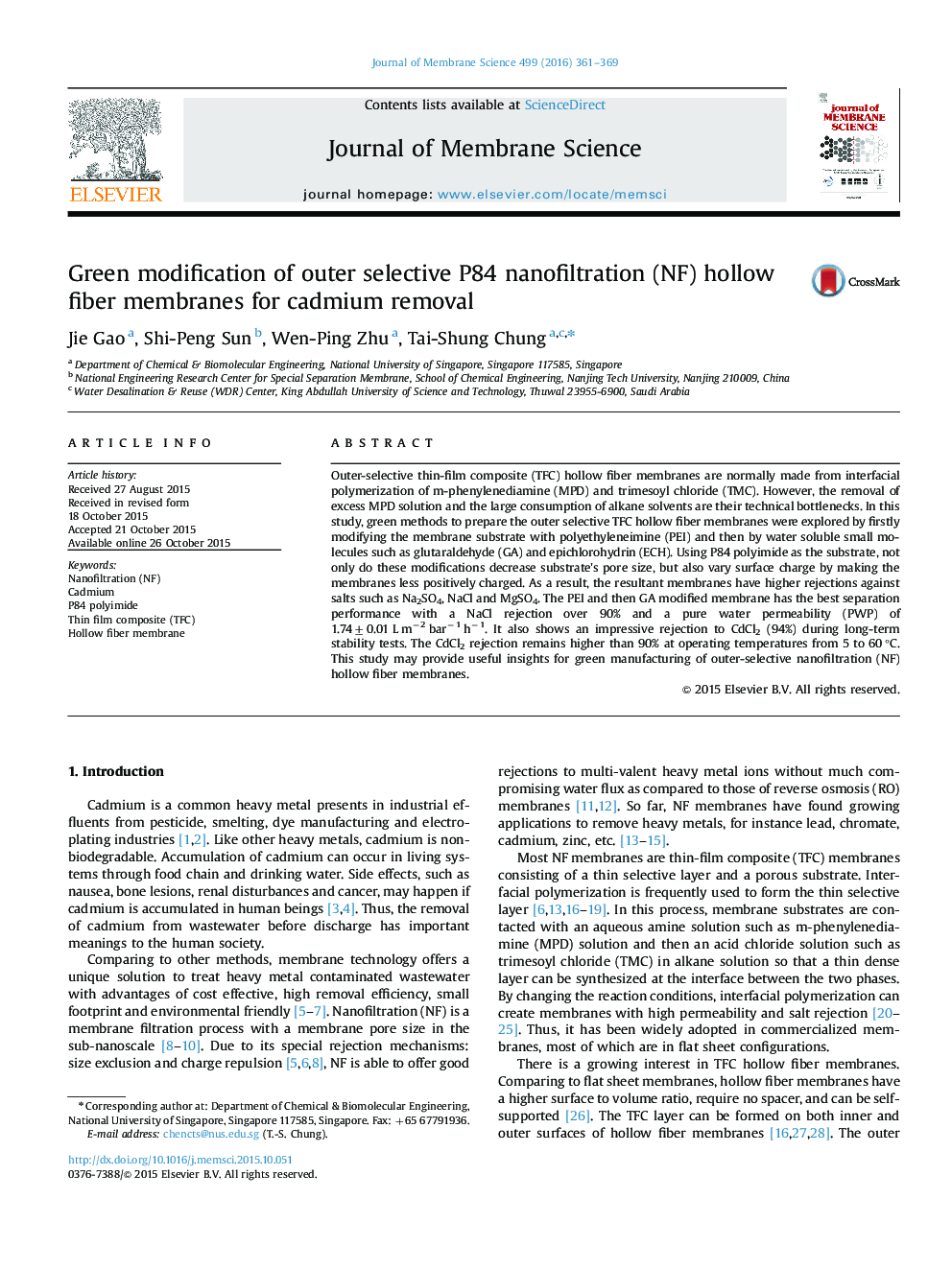 Green modification of outer selective P84 nanofiltration (NF) hollow fiber membranes for cadmium removal