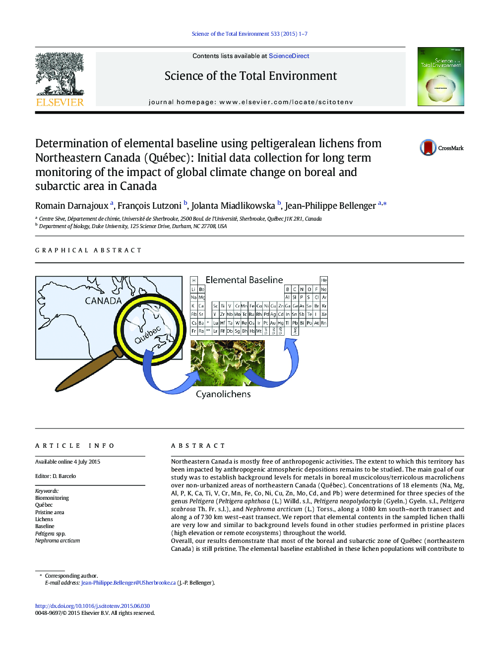 Determination of elemental baseline using peltigeralean lichens from Northeastern Canada (Québec): Initial data collection for long term monitoring of the impact of global climate change on boreal and subarctic area in Canada