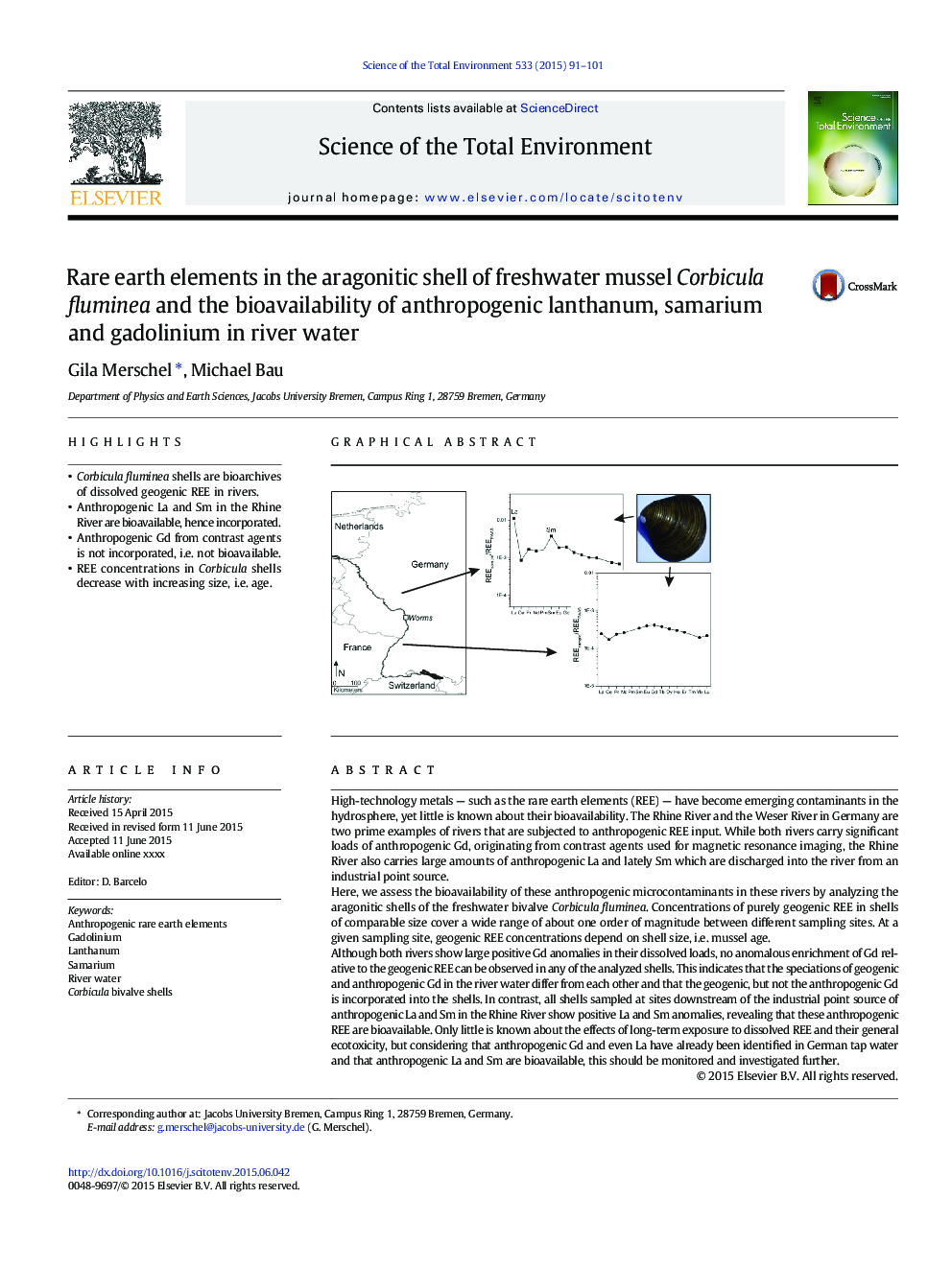 Rare earth elements in the aragonitic shell of freshwater mussel Corbicula fluminea and the bioavailability of anthropogenic lanthanum, samarium and gadolinium in river water