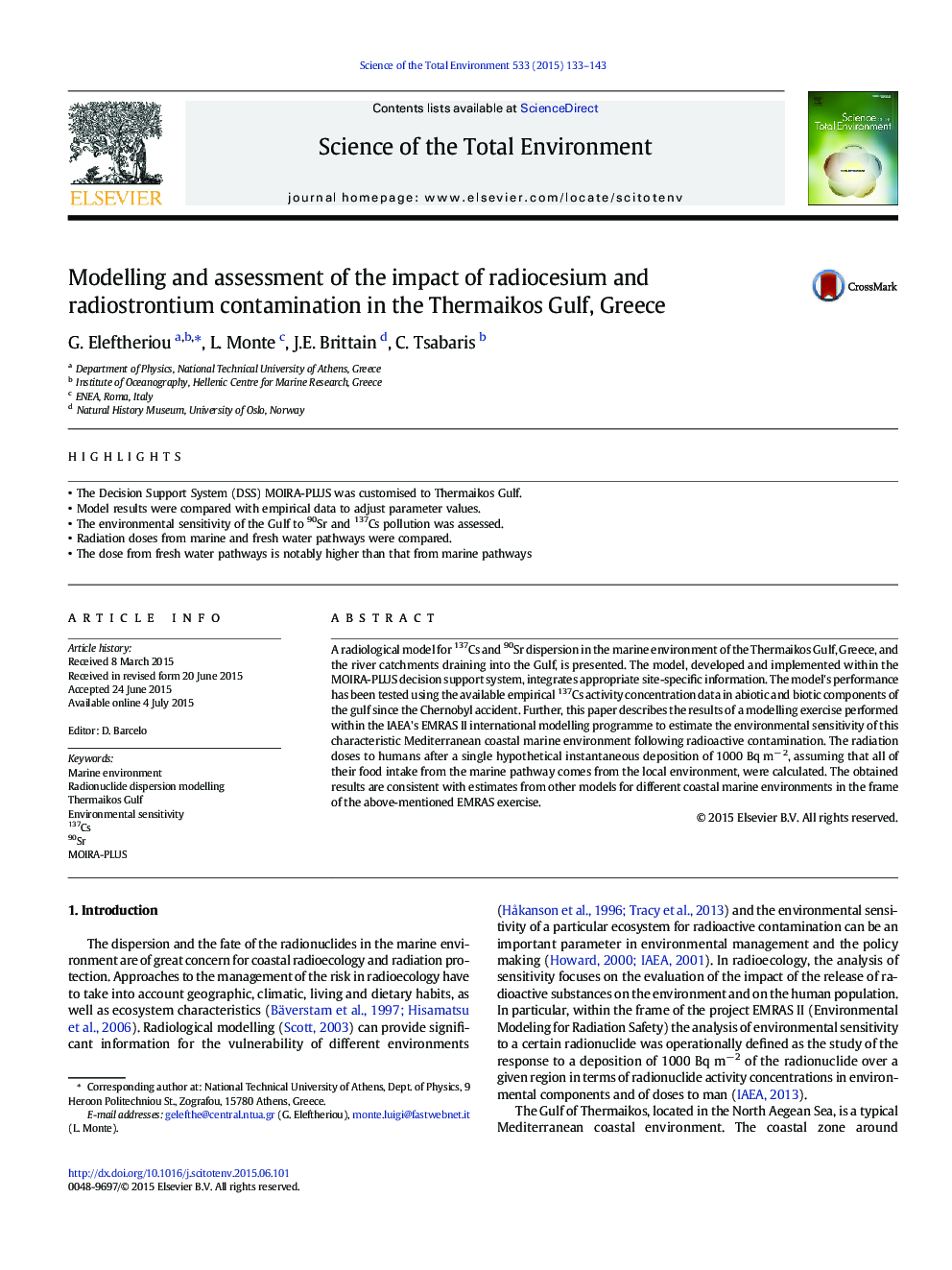 Modelling and assessment of the impact of radiocesium and radiostrontium contamination in the Thermaikos Gulf, Greece