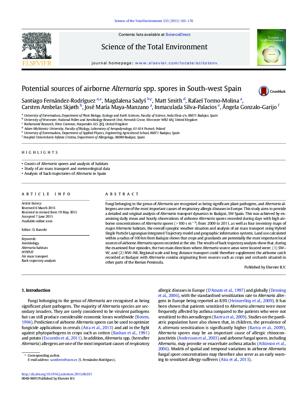 Potential sources of airborne Alternaria spp. spores in South-west Spain