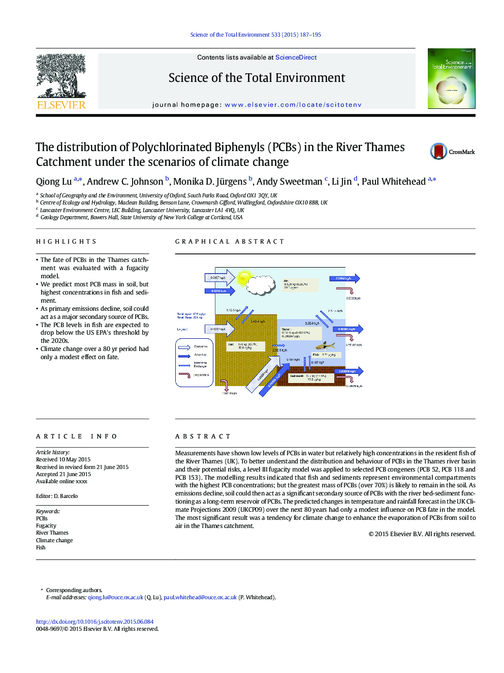 The distribution of Polychlorinated Biphenyls (PCBs) in the River Thames Catchment under the scenarios of climate change