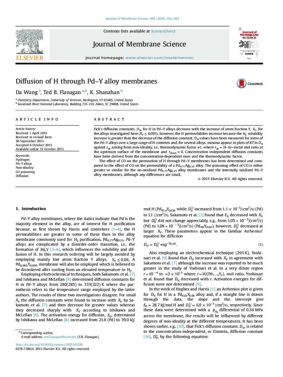 Diffusion of H through Pd–Y alloy membranes