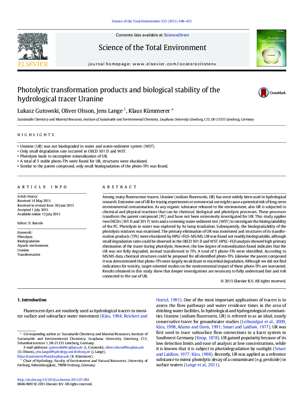 Photolytic transformation products and biological stability of the hydrological tracer Uranine