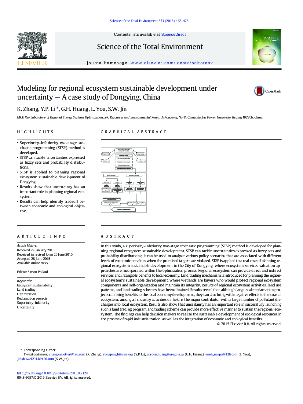 Modeling for regional ecosystem sustainable development under uncertainty - A case study of Dongying, China