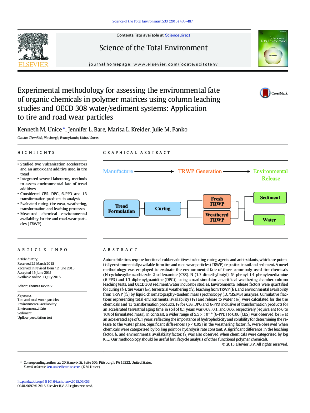 Experimental methodology for assessing the environmental fate of organic chemicals in polymer matrices using column leaching studies and OECD 308 water/sediment systems: Application to tire and road wear particles