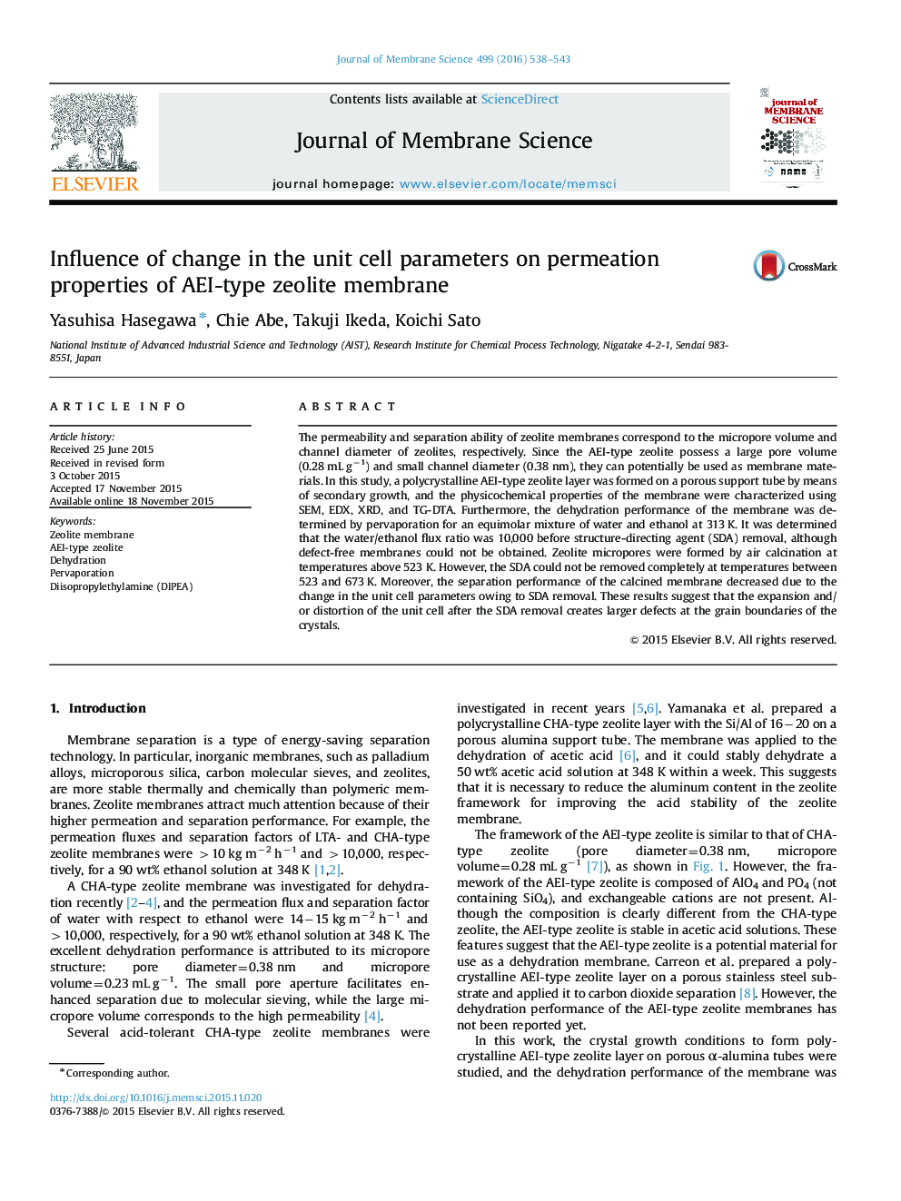Influence of change in the unit cell parameters on permeation properties of AEI-type zeolite membrane