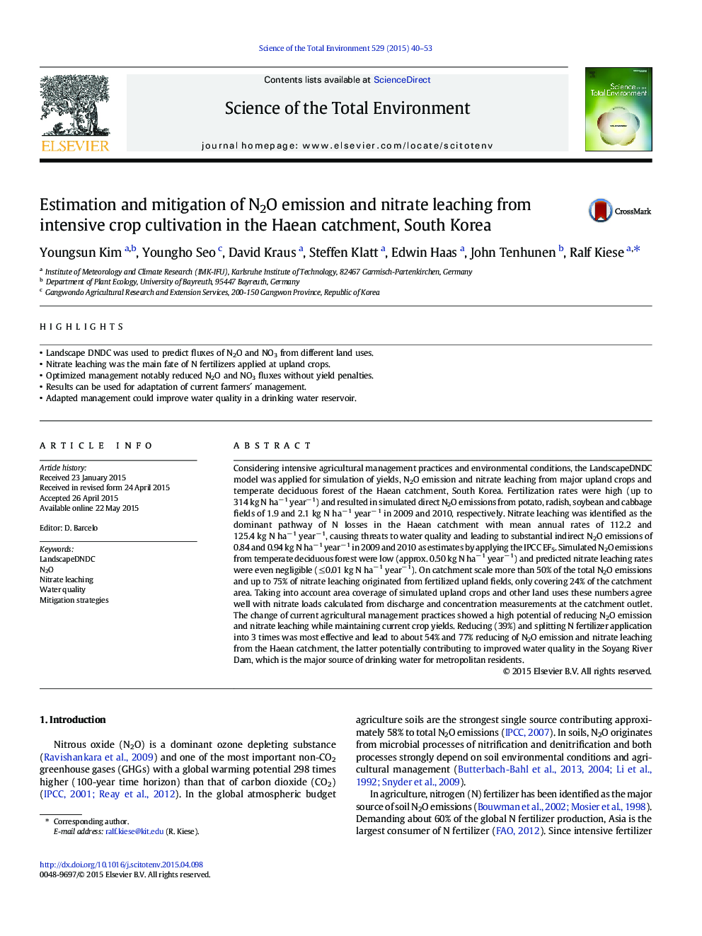 Estimation and mitigation of N2O emission and nitrate leaching from intensive crop cultivation in the Haean catchment, South Korea