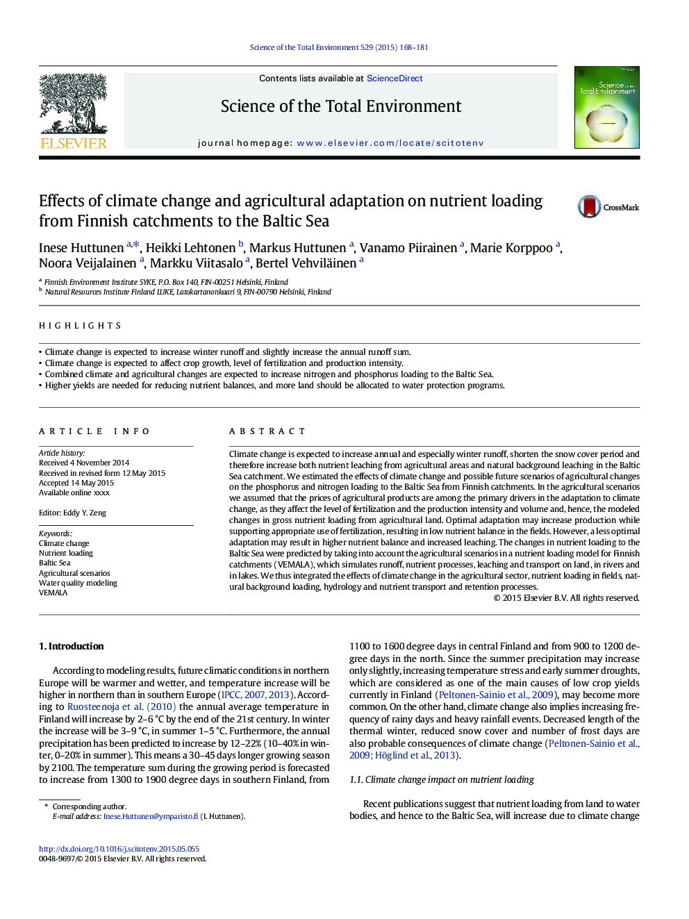 Effects of climate change and agricultural adaptation on nutrient loading from Finnish catchments to the Baltic Sea