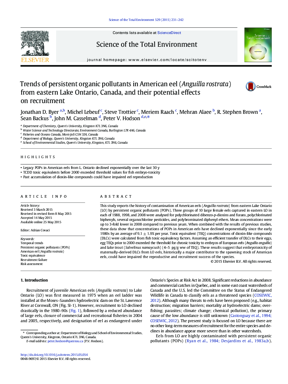Trends of persistent organic pollutants in American eel (Anguilla rostrata) from eastern Lake Ontario, Canada, and their potential effects on recruitment