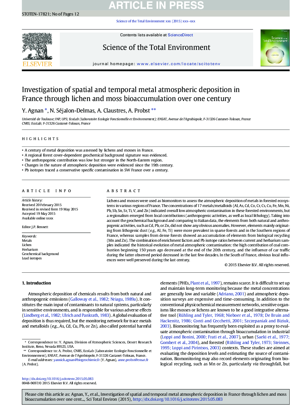 Investigation of spatial and temporal metal atmospheric deposition in France through lichen and moss bioaccumulation over one century