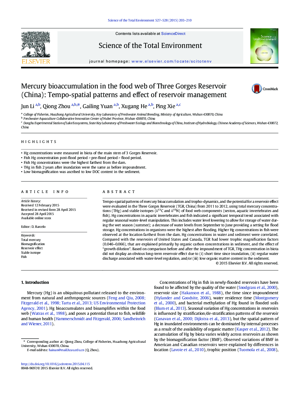 Mercury bioaccumulation in the food web of Three Gorges Reservoir (China): Tempo-spatial patterns and effect of reservoir management