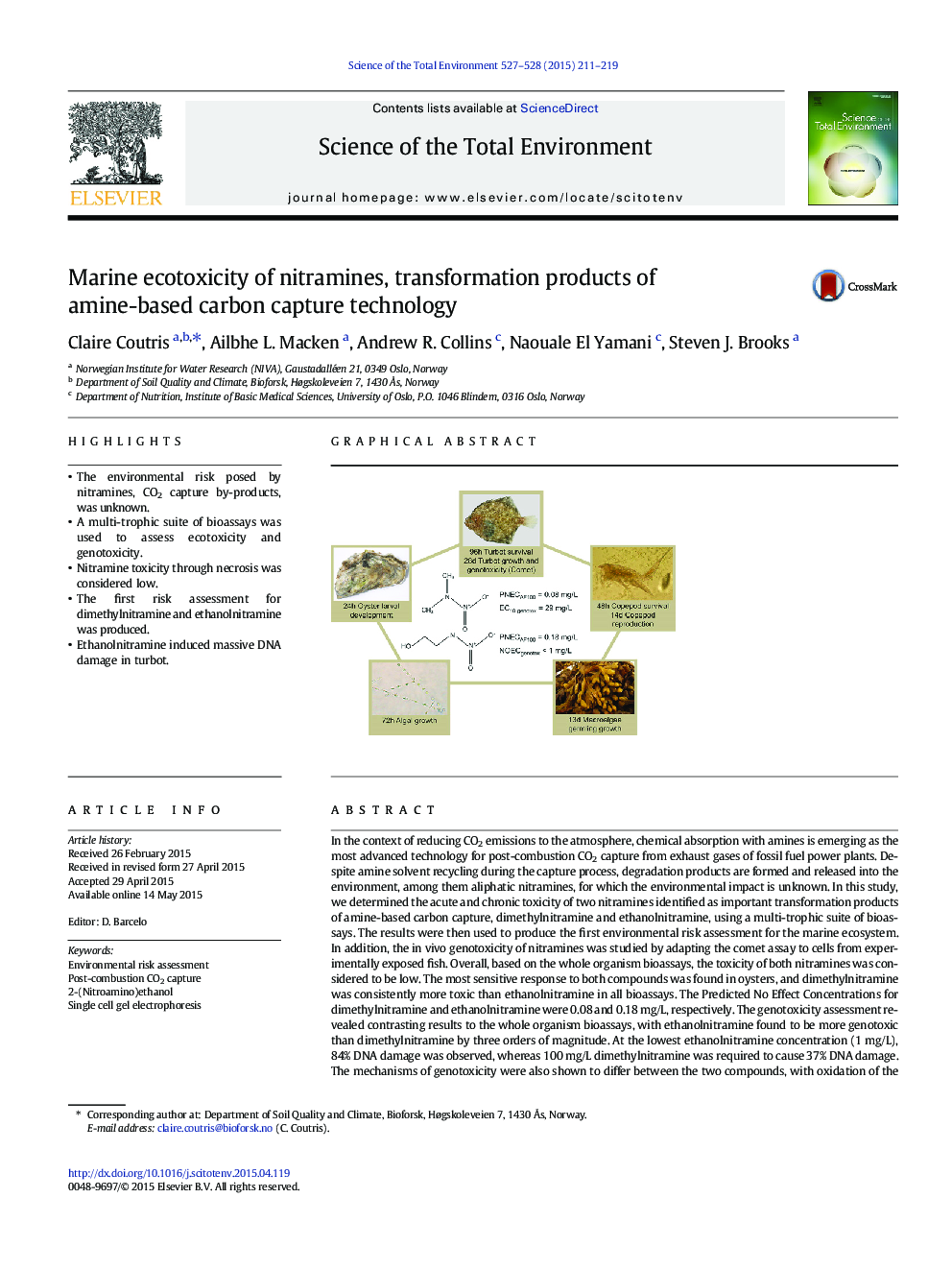 Marine ecotoxicity of nitramines, transformation products of amine-based carbon capture technology