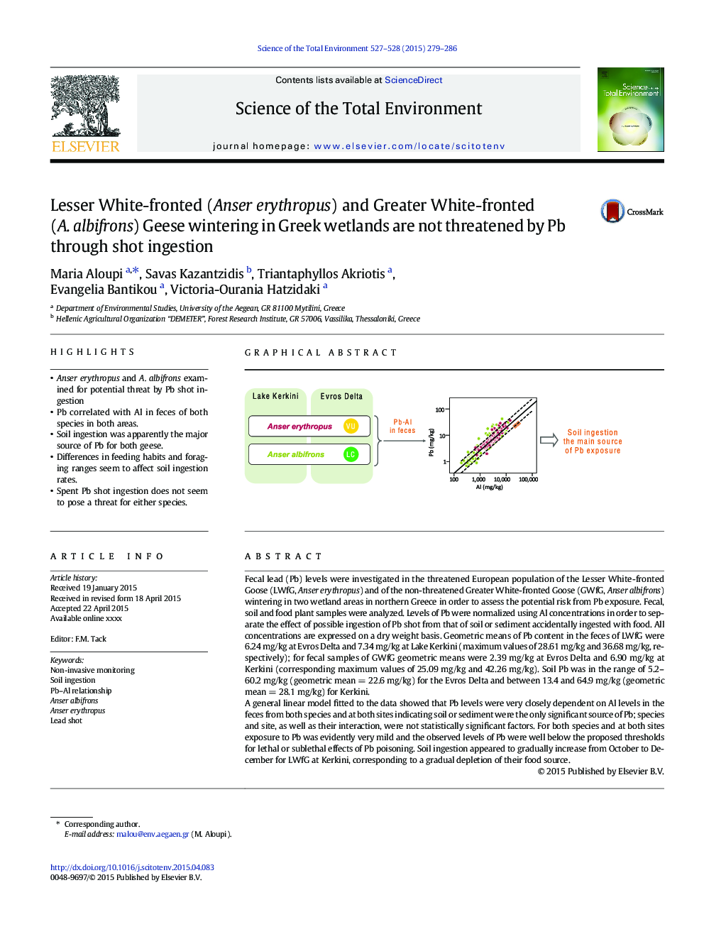 Lesser White-fronted (Anser erythropus) and Greater White-fronted (A. albifrons) Geese wintering in Greek wetlands are not threatened by Pb through shot ingestion