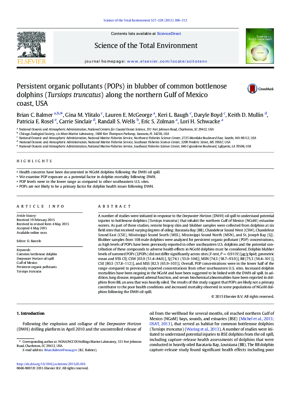 Persistent organic pollutants (POPs) in blubber of common bottlenose dolphins (Tursiops truncatus) along the northern Gulf of Mexico coast, USA