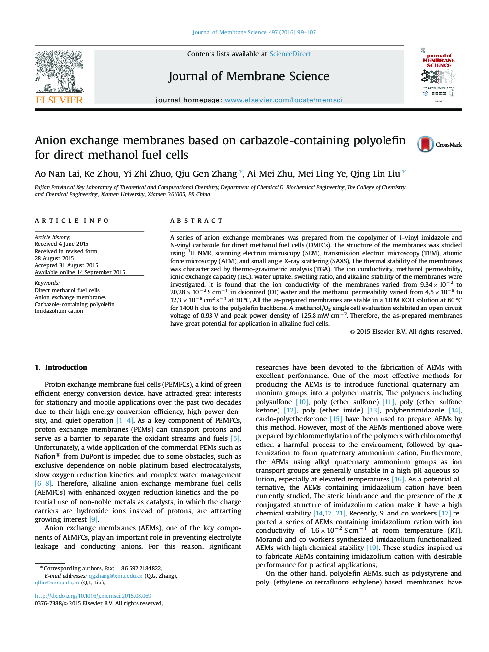 Anion exchange membranes based on carbazole-containing polyolefin for direct methanol fuel cells