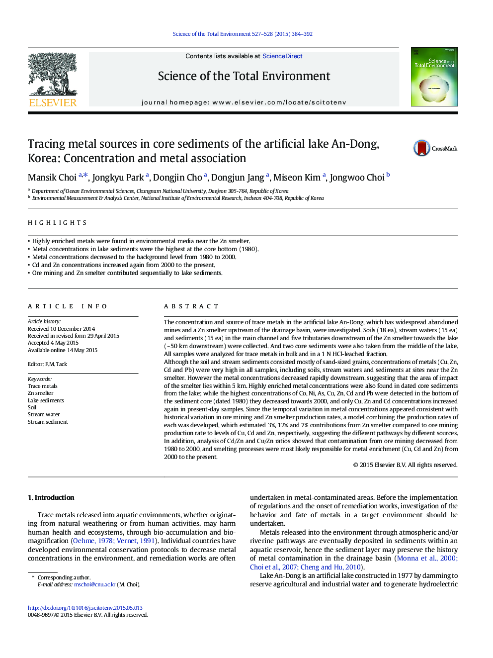 Tracing metal sources in core sediments of the artificial lake An-Dong, Korea: Concentration and metal association