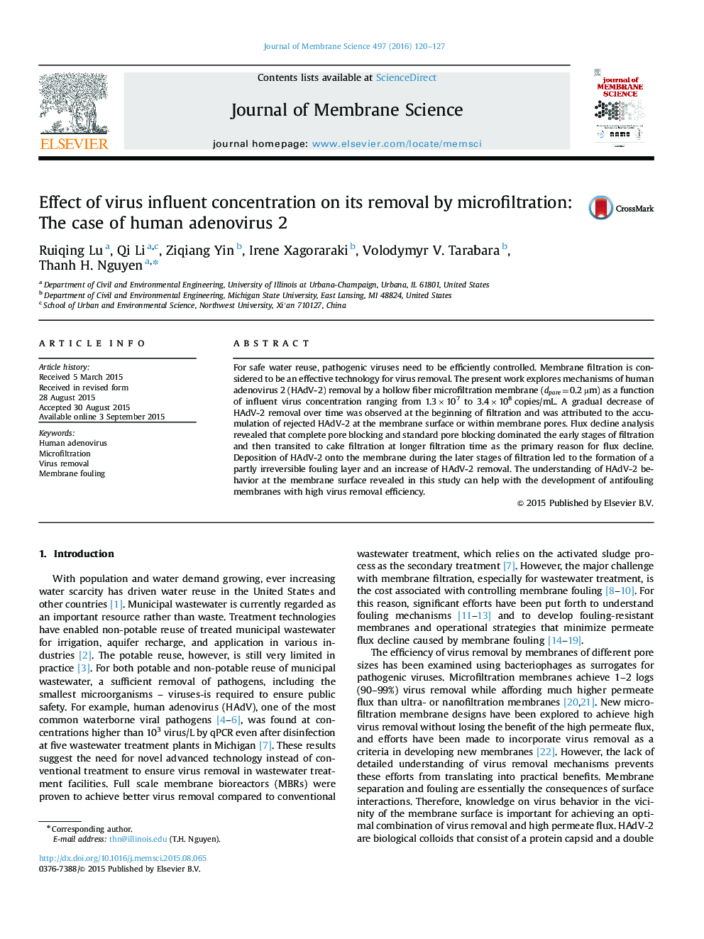 Effect of virus influent concentration on its removal by microfiltration: The case of human adenovirus 2