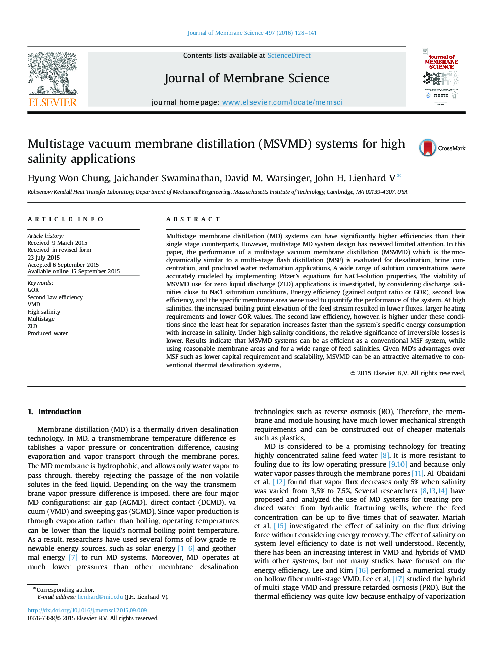 عکس صفحه اول مقاله: Multistage vacuum membrane distillation (MSVMD) systems for high salinity applications Multistage vacuum membrane distillation (MSVMD) systems for high salinity applications