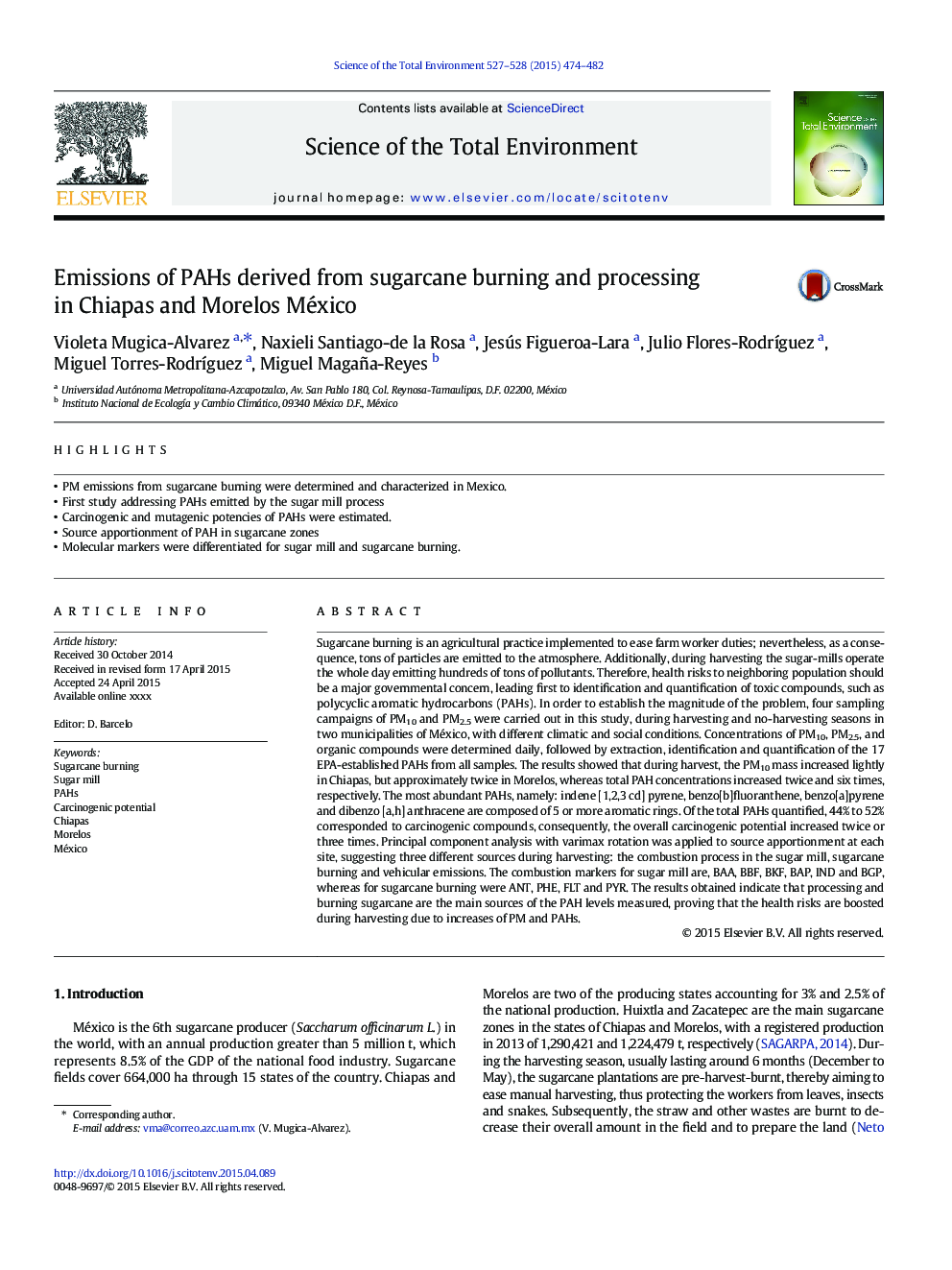 Emissions of PAHs derived from sugarcane burning and processing in Chiapas and Morelos México