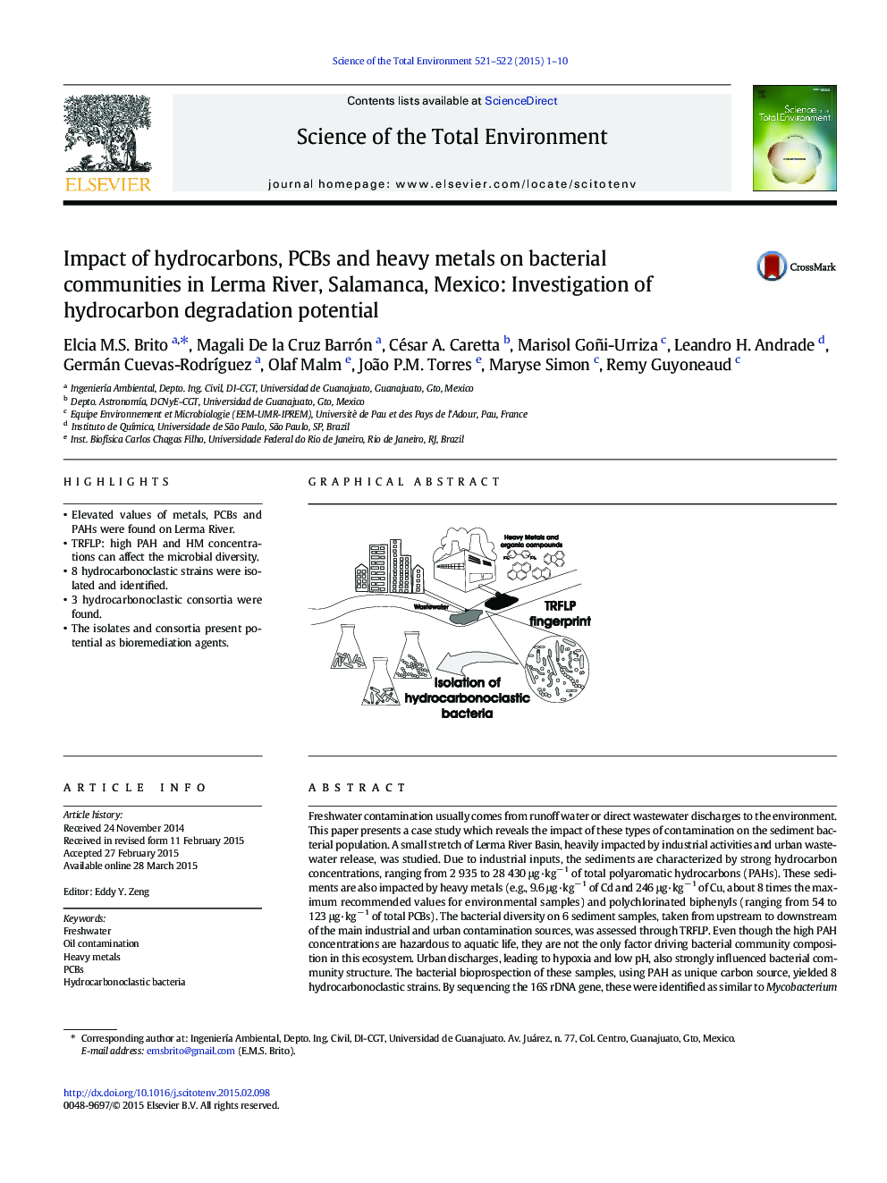 Impact of hydrocarbons, PCBs and heavy metals on bacterial communities in Lerma River, Salamanca, Mexico: Investigation of hydrocarbon degradation potential