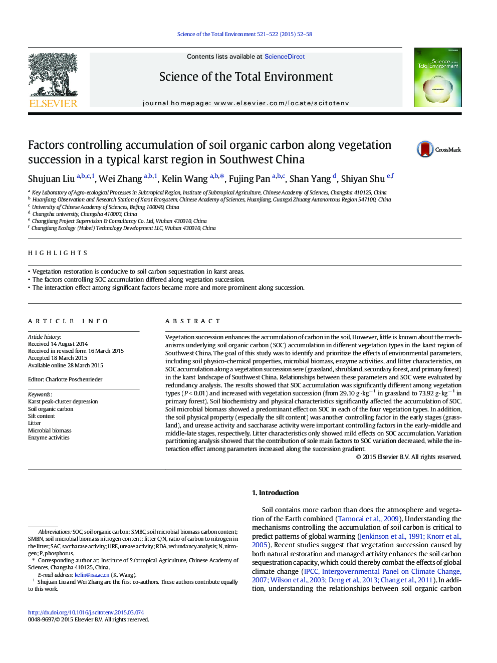 Factors controlling accumulation of soil organic carbon along vegetation succession in a typical karst region in Southwest China