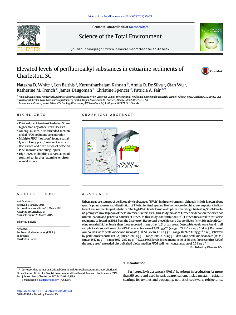 Elevated levels of perfluoroalkyl substances in estuarine sediments of Charleston, SC