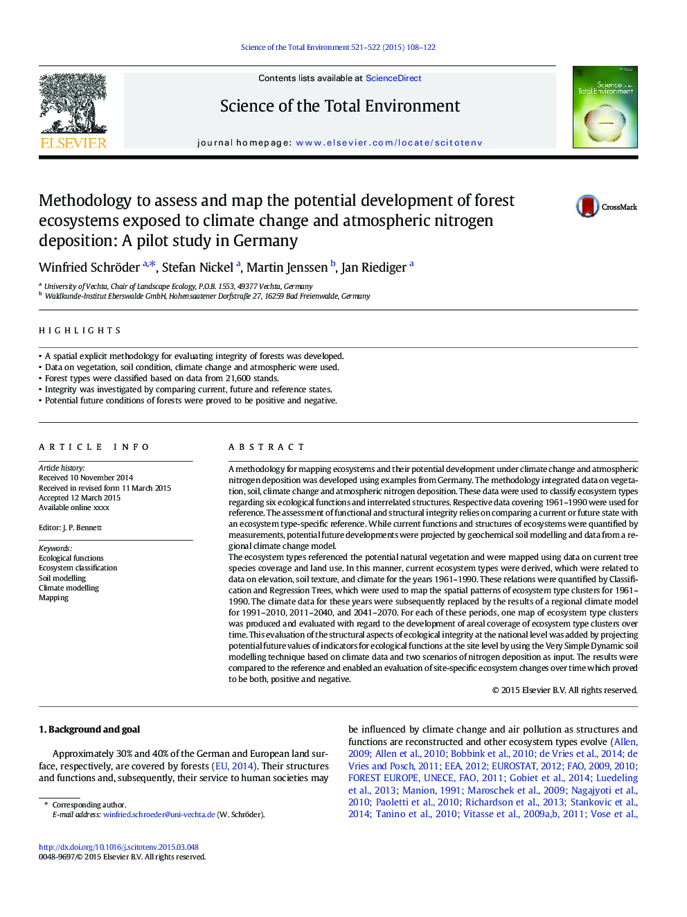 Methodology to assess and map the potential development of forest ecosystems exposed to climate change and atmospheric nitrogen deposition: A pilot study in Germany