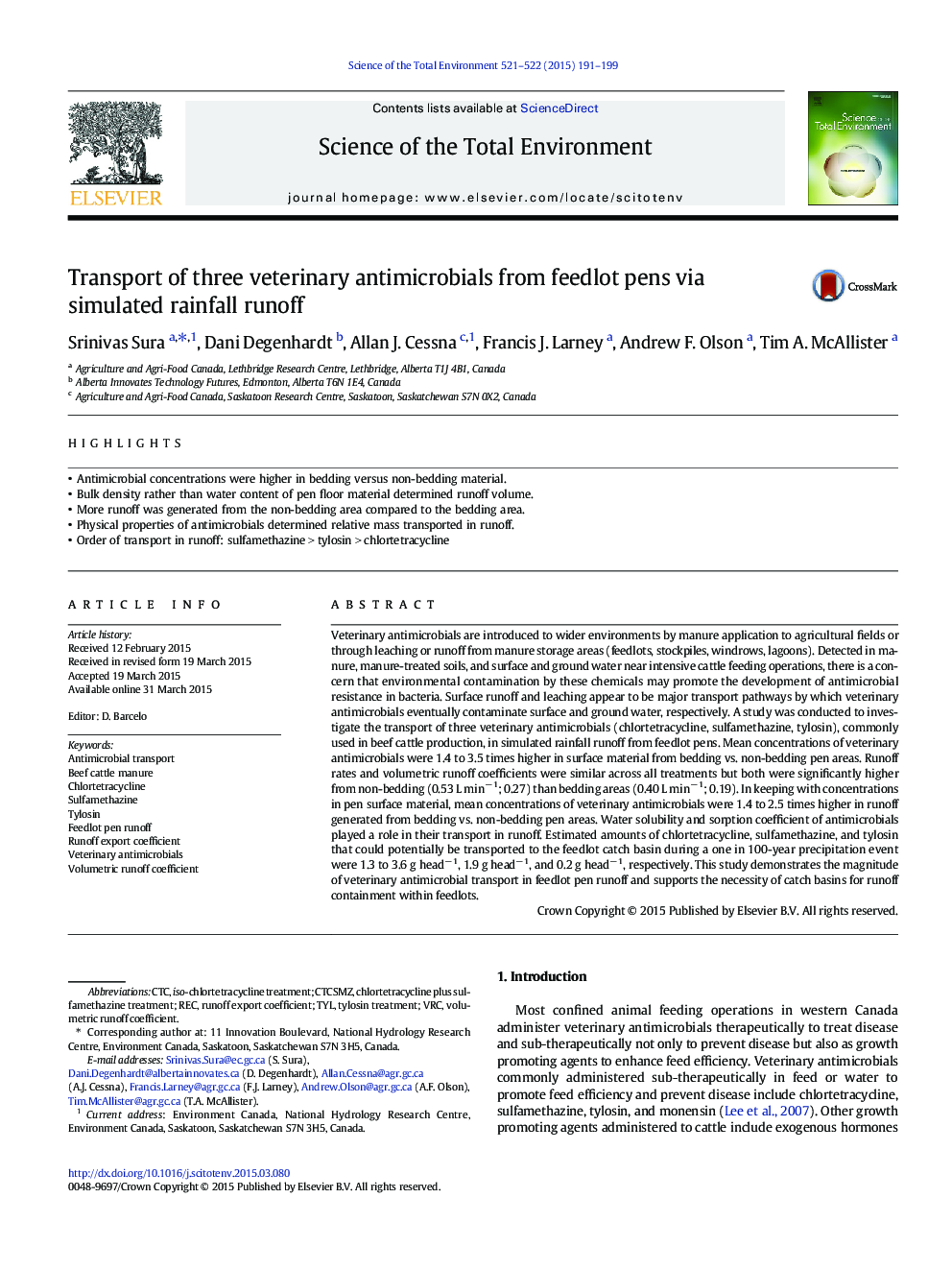 Transport of three veterinary antimicrobials from feedlot pens via simulated rainfall runoff