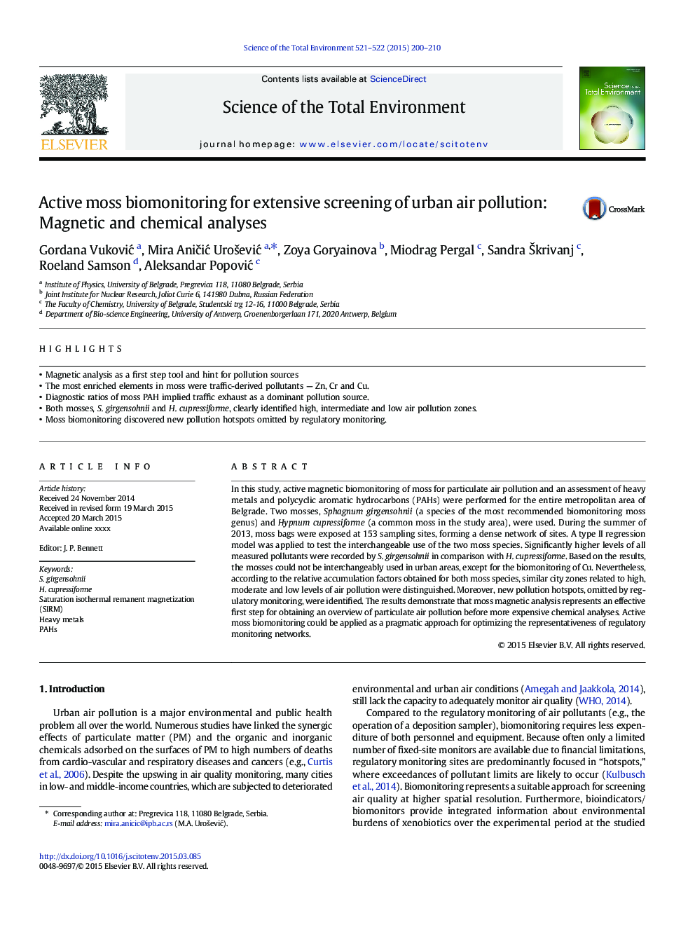 Active moss biomonitoring for extensive screening of urban air pollution: Magnetic and chemical analyses