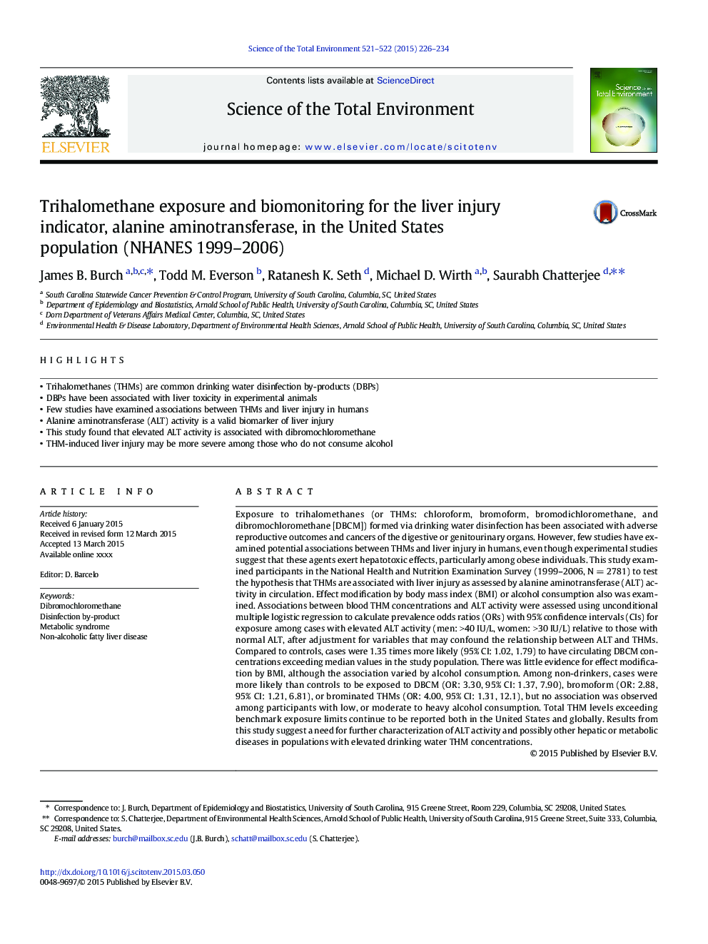 Trihalomethane exposure and biomonitoring for the liver injury indicator, alanine aminotransferase, in the United States population (NHANES 1999-2006)