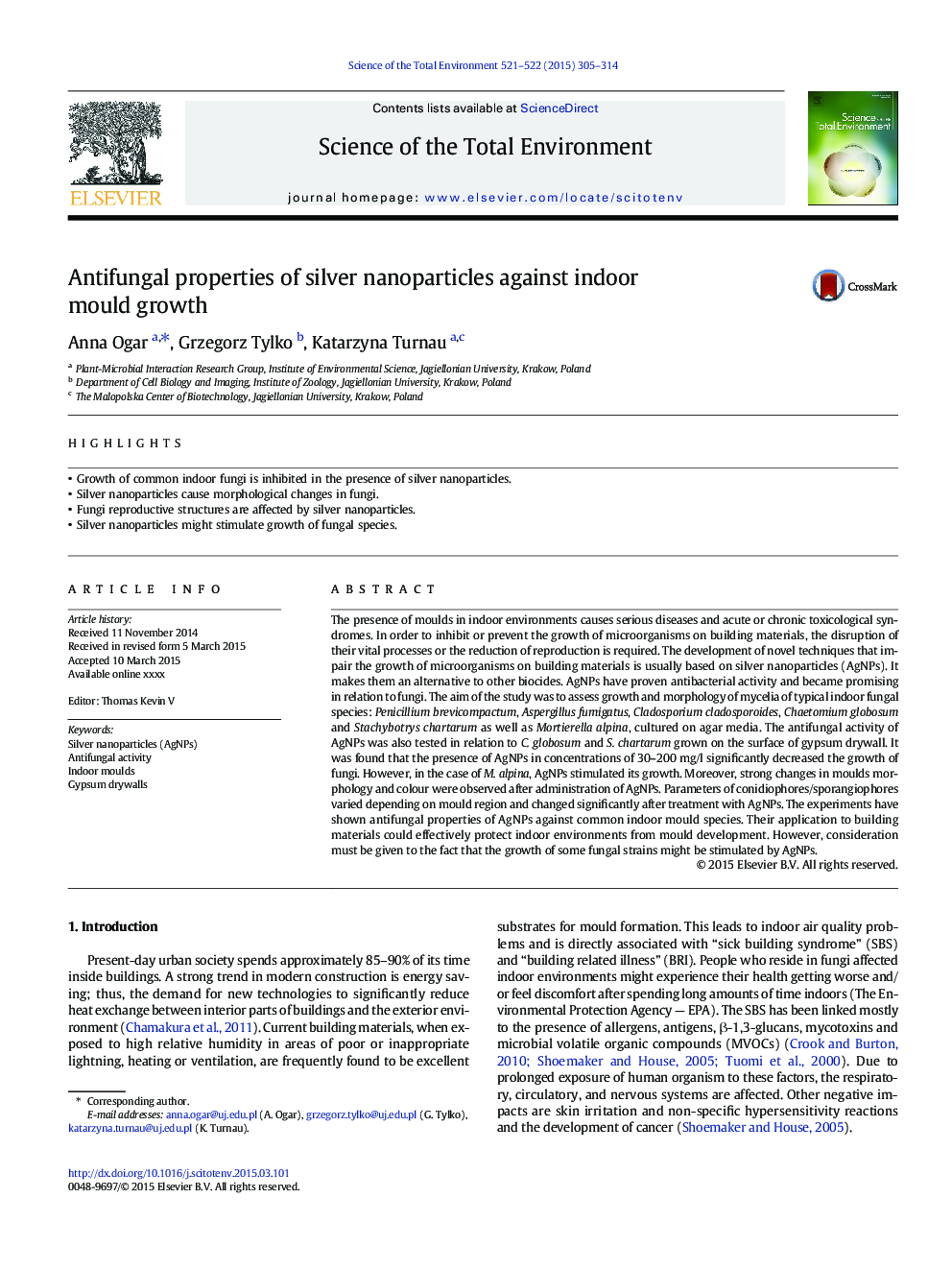 Antifungal properties of silver nanoparticles against indoor mould growth