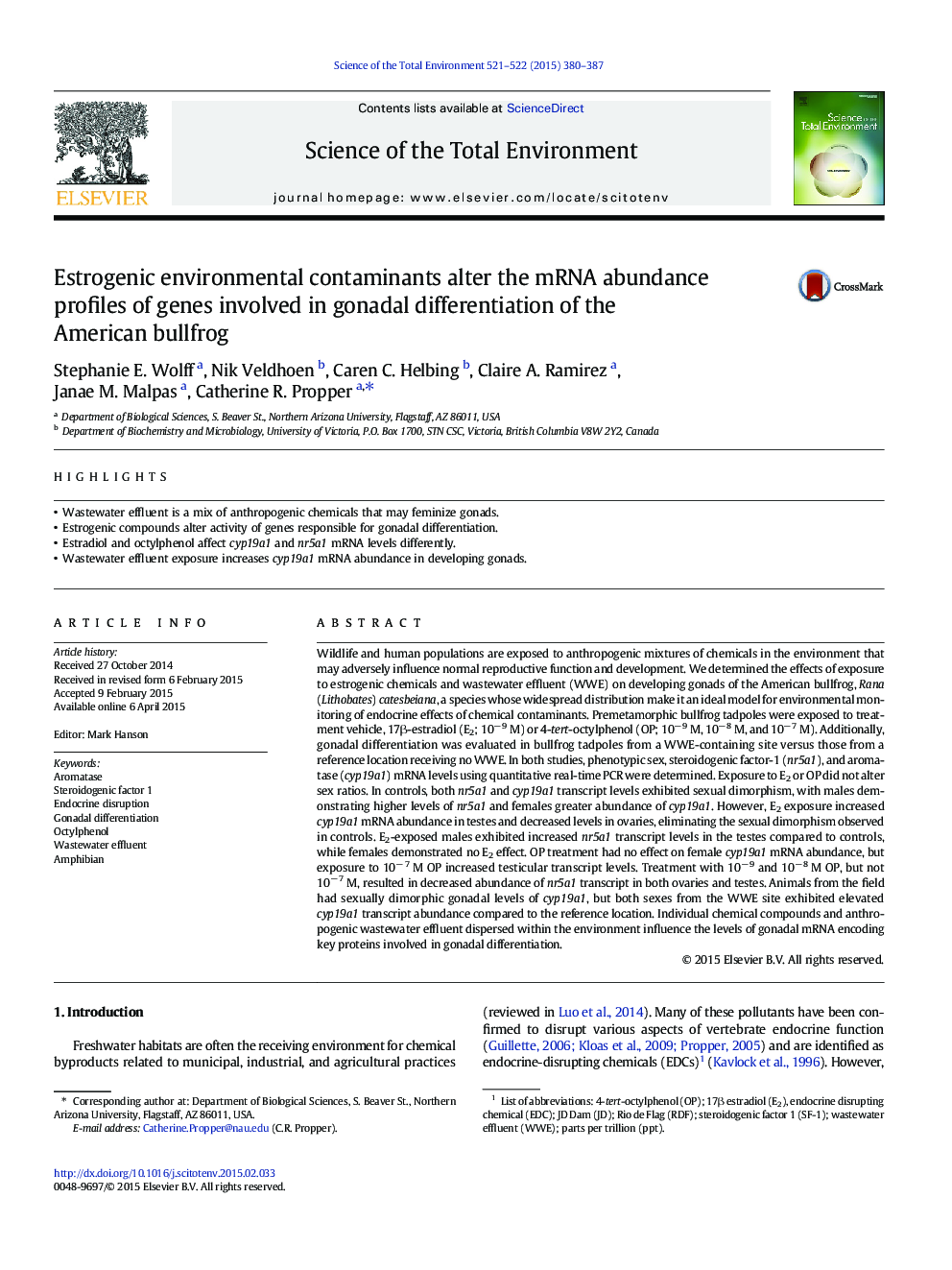 Estrogenic environmental contaminants alter the mRNA abundance profiles of genes involved in gonadal differentiation of the American bullfrog