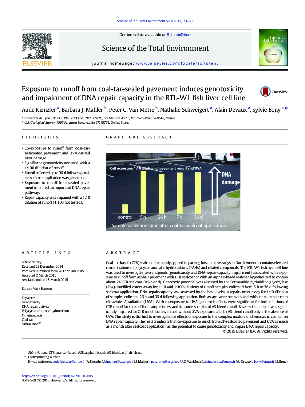 Exposure to runoff from coal-tar-sealed pavement induces genotoxicity and impairment of DNA repair capacity in the RTL-W1 fish liver cell line