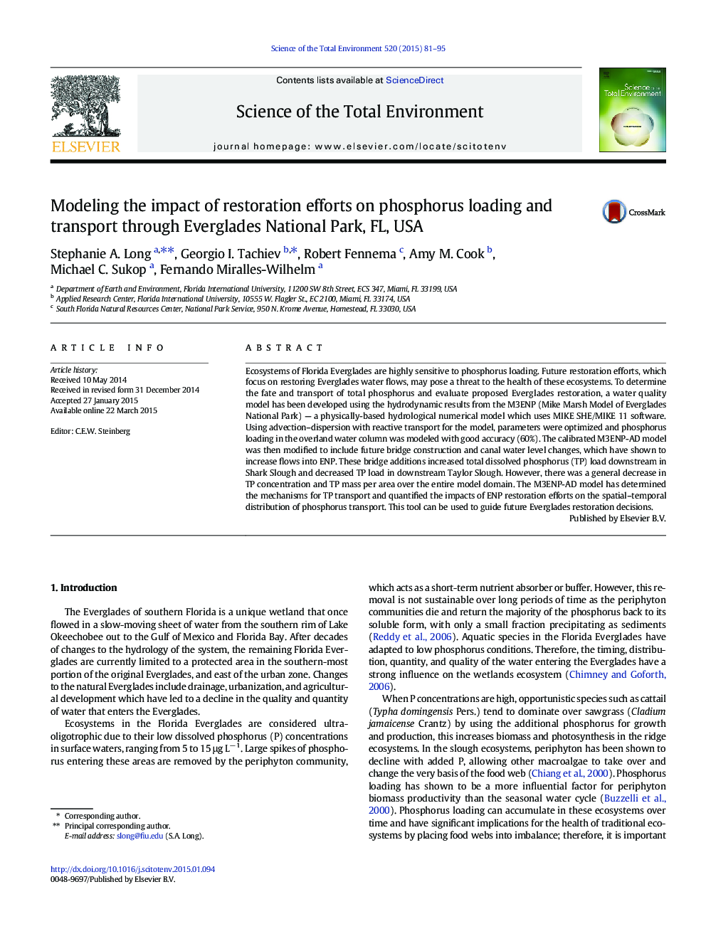 Modeling the impact of restoration efforts on phosphorus loading and transport through Everglades National Park, FL, USA