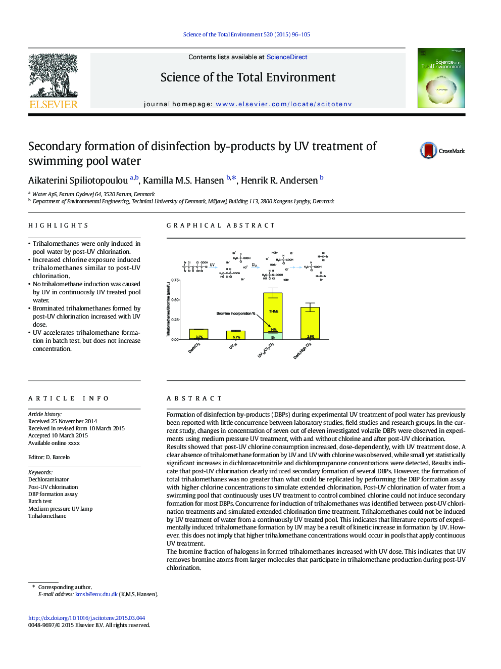Secondary formation of disinfection by-products by UV treatment of swimming pool water