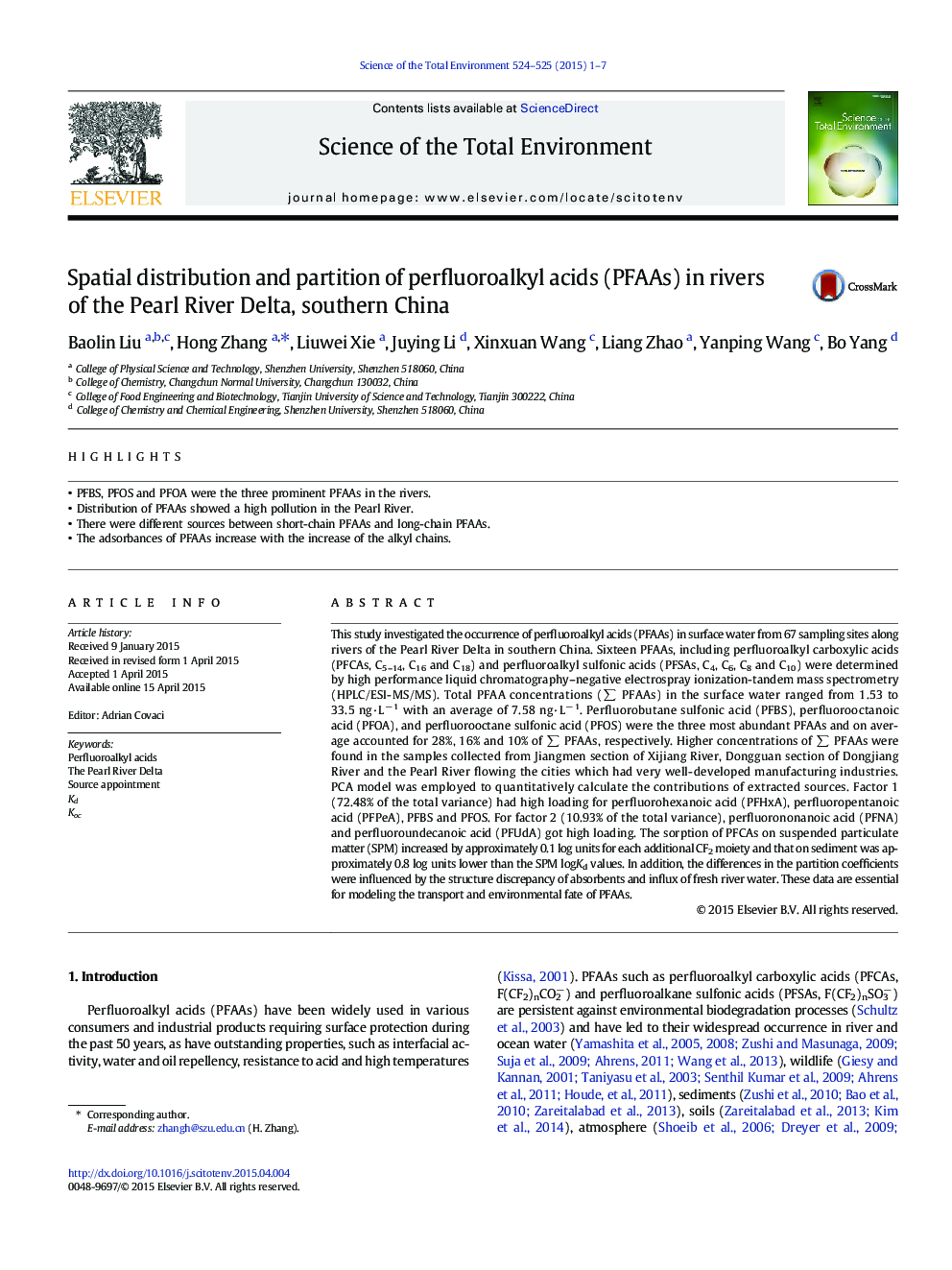 Spatial distribution and partition of perfluoroalkyl acids (PFAAs) in rivers of the Pearl River Delta, southern China