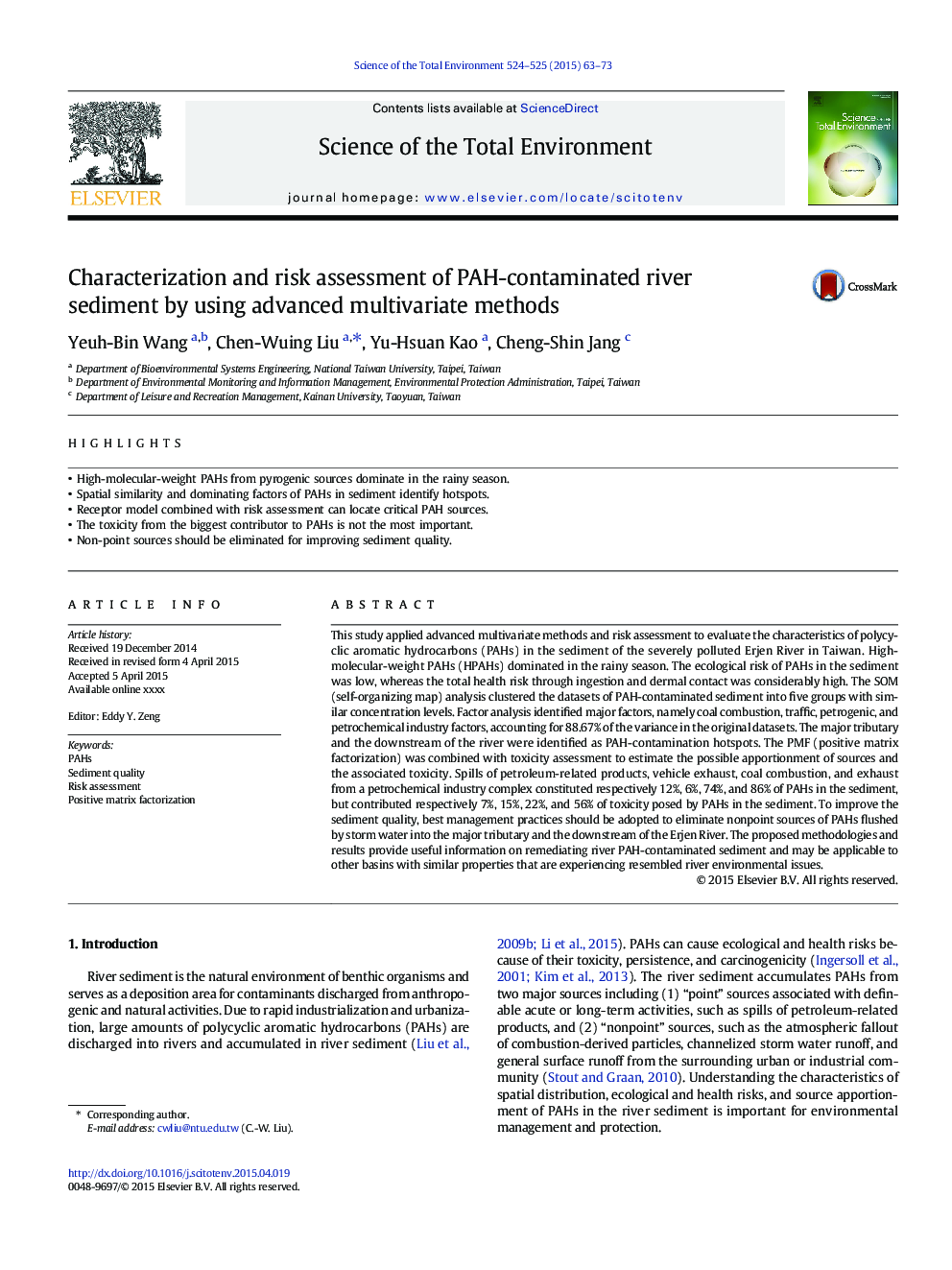 Characterization and risk assessment of PAH-contaminated river sediment by using advanced multivariate methods