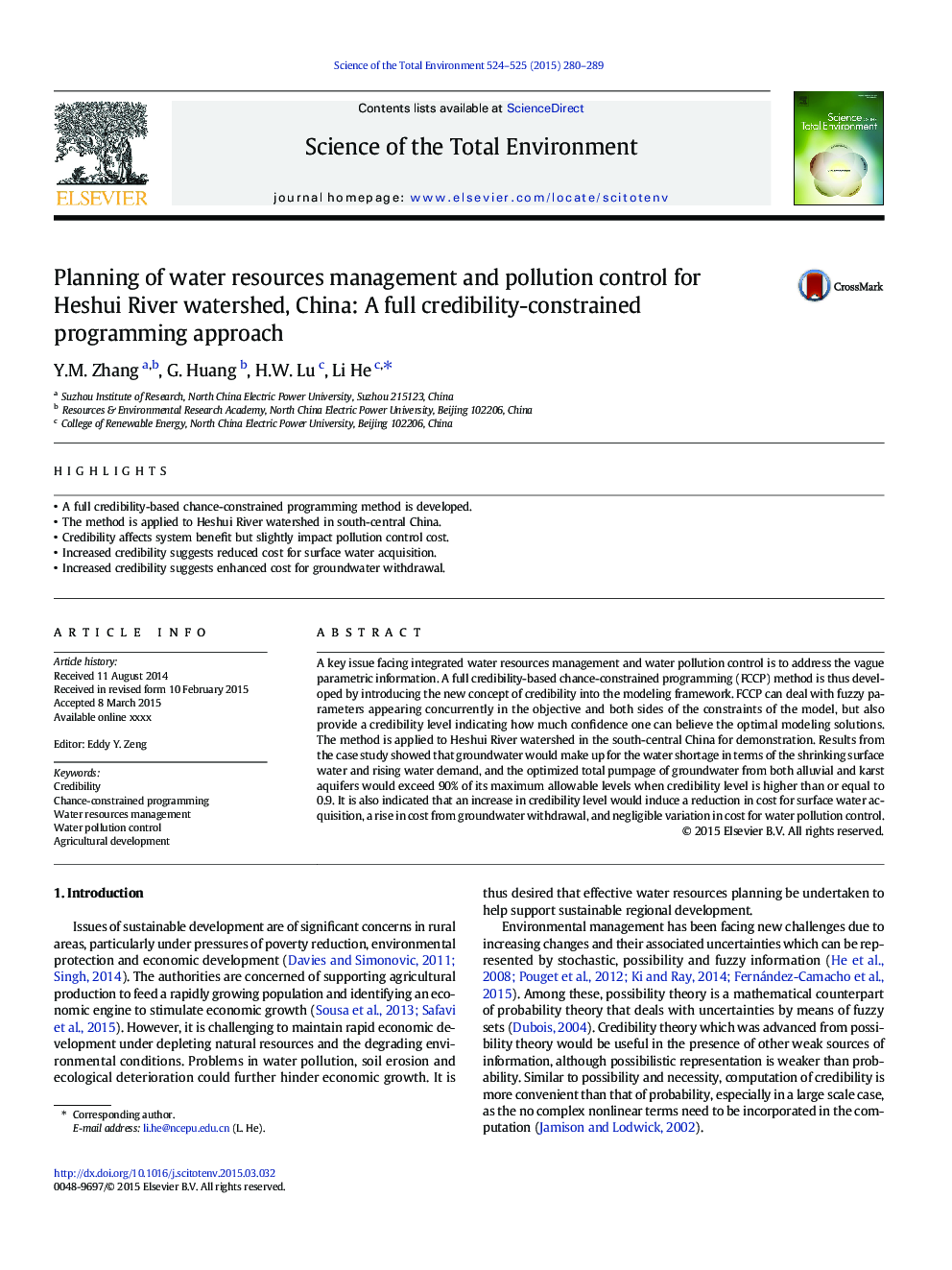 Planning of water resources management and pollution control for Heshui River watershed, China: A full credibility-constrained programming approach