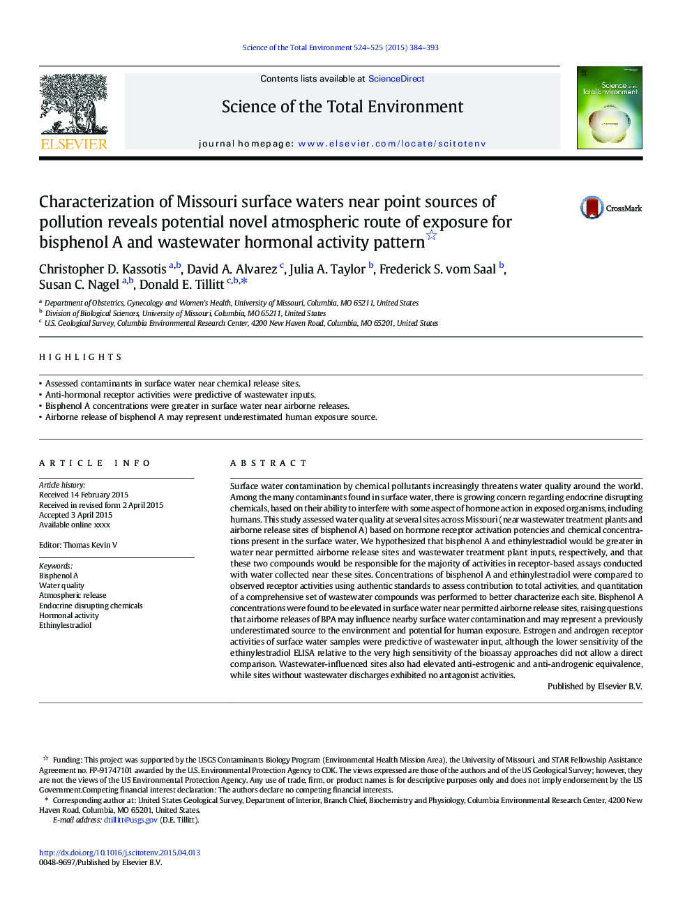 Characterization of Missouri surface waters near point sources of pollution reveals potential novel atmospheric route of exposure for bisphenol A and wastewater hormonal activity pattern