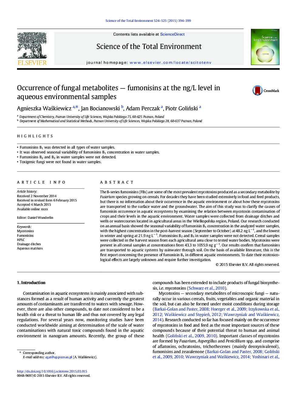 Occurrence of fungal metabolites - fumonisins at the ng/L level in aqueous environmental samples