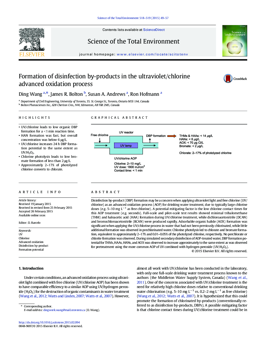 تشکیل فرآورده های ضد عفونی در فرایند اکسیداسیون پیشرفته ماوراء بنفش / کلر 