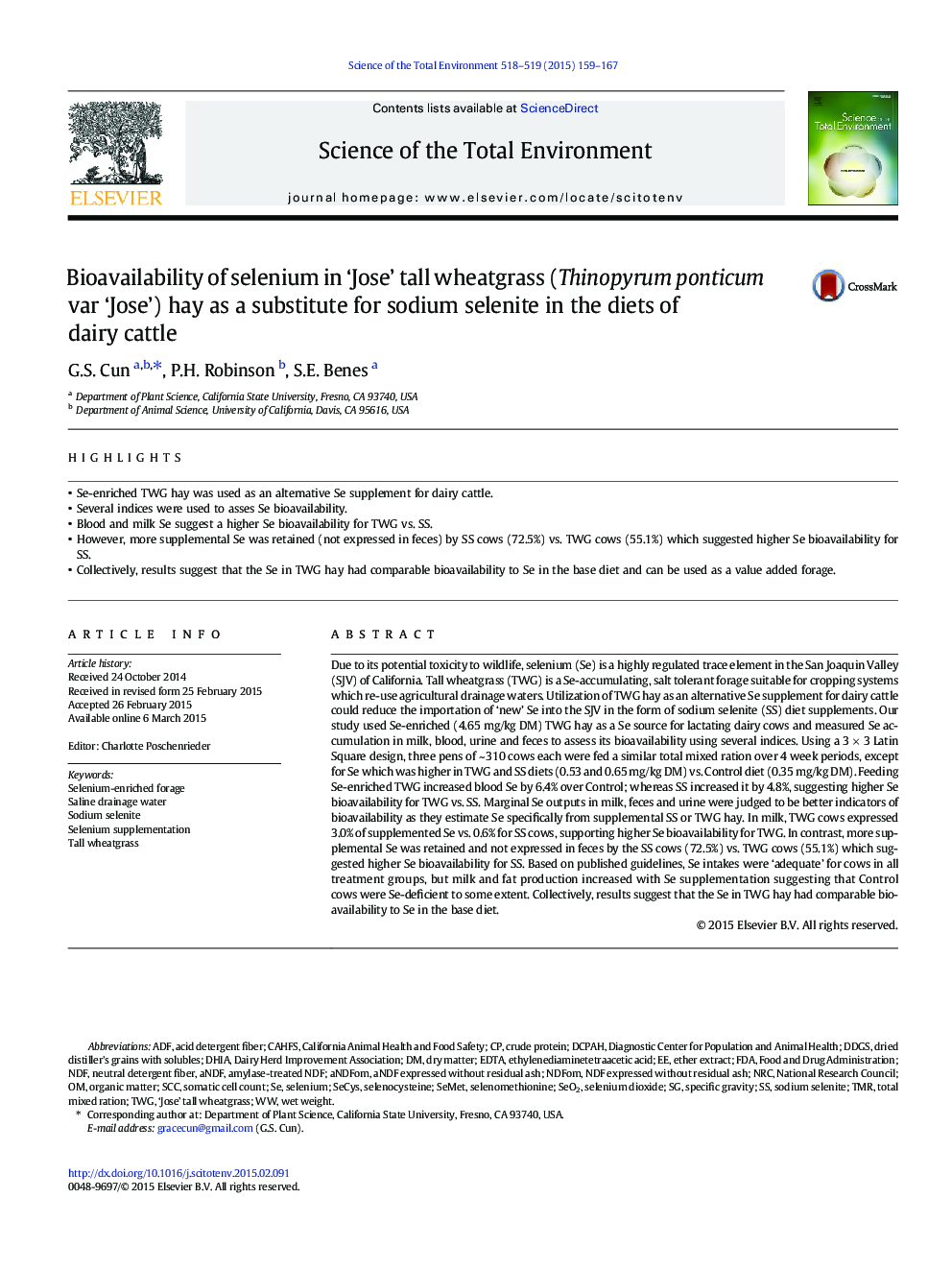 Bioavailability of selenium in 'Jose' tall wheatgrass (Thinopyrum ponticum var 'Jose') hay as a substitute for sodium selenite in the diets of dairy cattle
