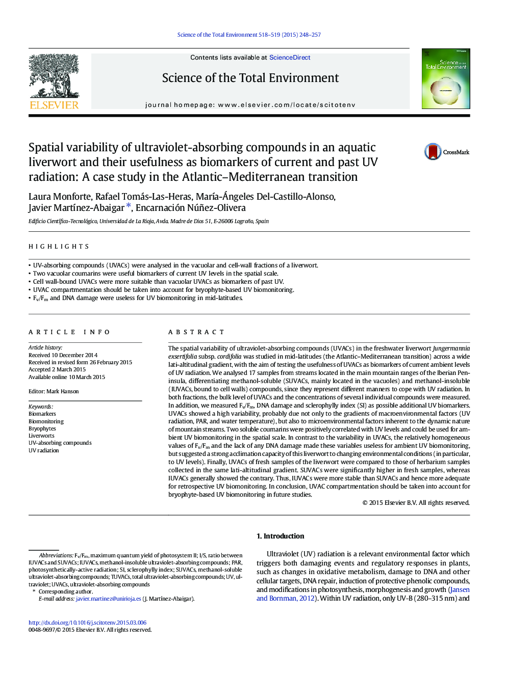 Spatial variability of ultraviolet-absorbing compounds in an aquatic liverwort and their usefulness as biomarkers of current and past UV radiation: A case study in the Atlantic-Mediterranean transition