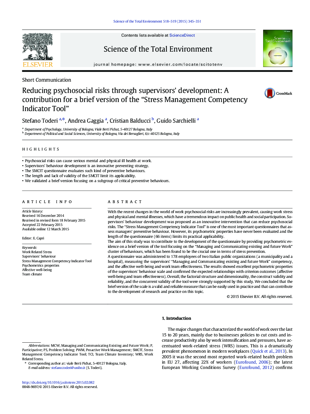 Reducing psychosocial risks through supervisors' development: A contribution for a brief version of the “Stress Management Competency Indicator Tool”